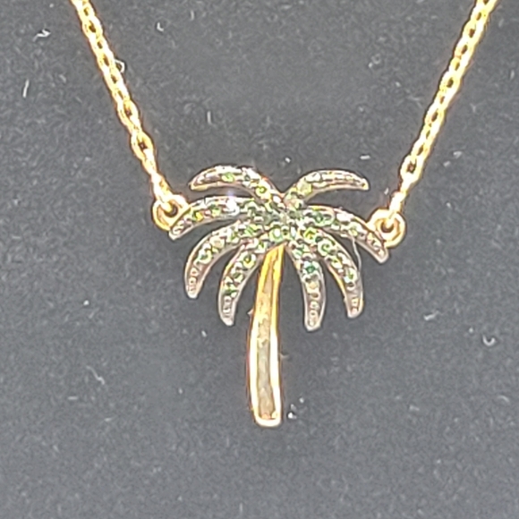 Green Diamond Palm Tree Necklace Gold Plated Sterling Silver 18" - Picture 3 of 8